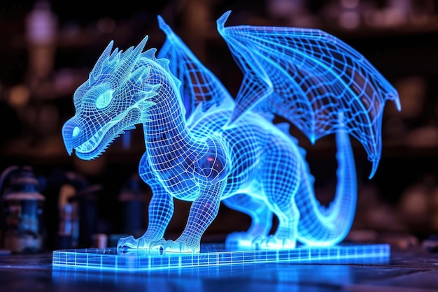 Uma estatueta de dragão azul brilhante sentada em cima de uma mesa