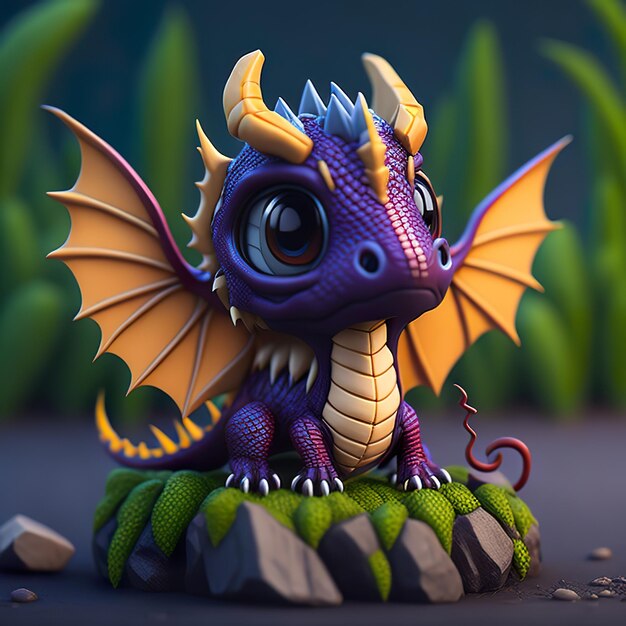 Uma estatueta de dragão roxo com cauda azul e asas laranja está sobre uma rocha.