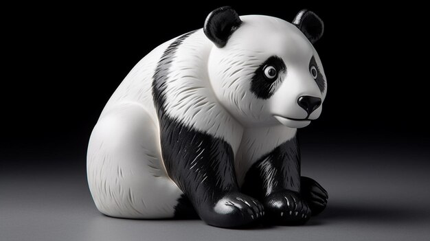 Uma estatueta de panda de cerâmica com fundo preto.