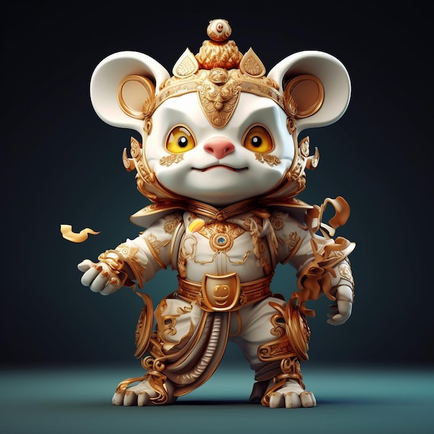 Uma estatueta de um rato vestindo uma roupa de ouro e uma espada