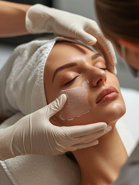 Foto uma esteticista inspecionando a pele facial de uma mulher em um estúdio