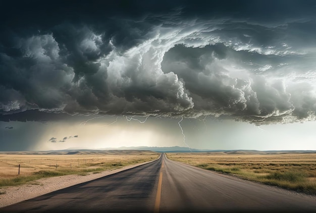 uma estrada aberta com um céu tempestuoso atrás dela no estilo de cenas em tons pastéis