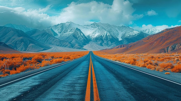 Uma estrada aberta que se estende até o horizonte, flanqueada por paisagens naturais.