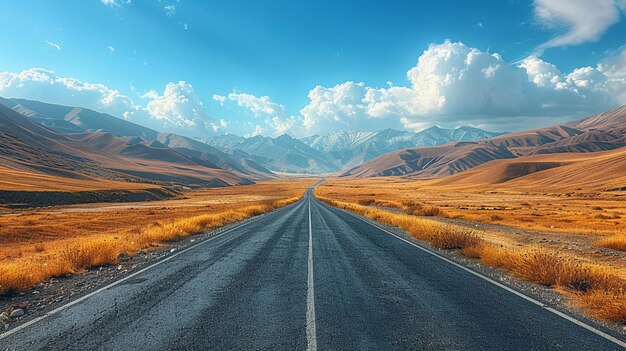 Uma estrada aberta que se estende até o horizonte, flanqueada por paisagens naturais.