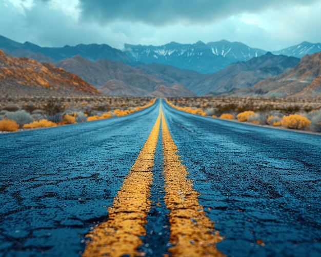 Uma estrada aberta que se estende até o horizonte, flanqueada por paisagens naturais.