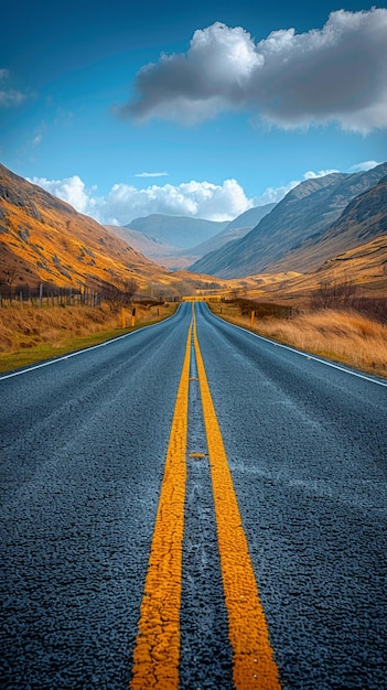 Uma estrada aberta que se estende até o horizonte, flanqueada por paisagens naturais.