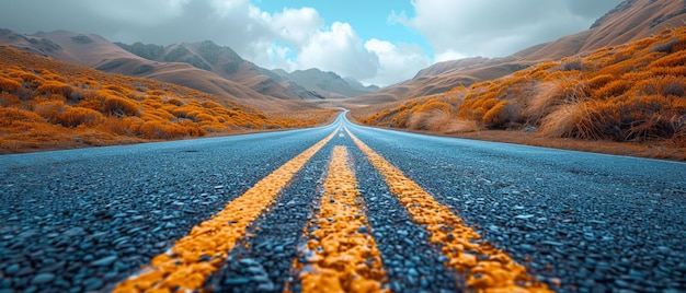 Uma estrada aberta que se estende até o horizonte, flanqueada por paisagens naturais.