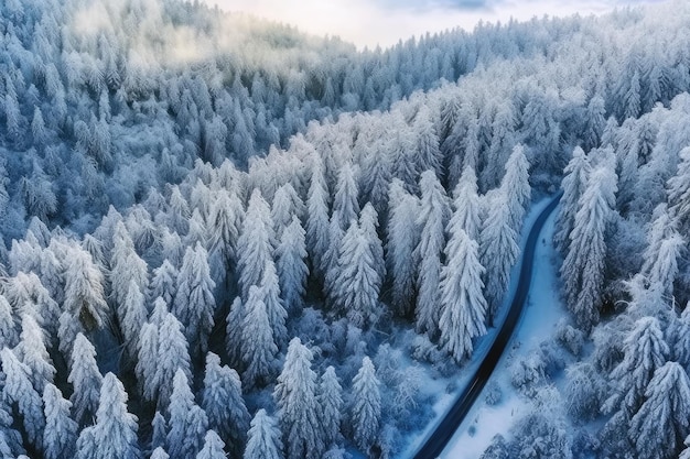 Uma estrada através da floresta coberta de neve Generative AI