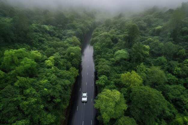 Uma estrada através da floresta com um carro branco nela