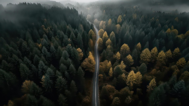 Uma estrada através da floresta com um céu nublado