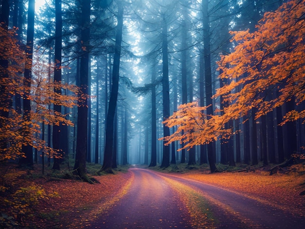 Uma estrada através de uma floresta com folhas de laranja no chão