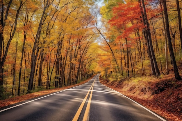 Uma estrada cênica de outono com árvores coloridas criada com tecnologia de IA generativa