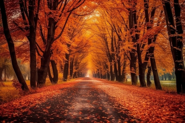 Uma estrada cênica de outono com árvores coloridas criada com tecnologia de IA generativa