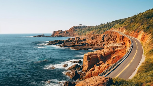 uma estrada cênica para dirigir ao longo de uma costa rochosa e oceano no estilo anglocore