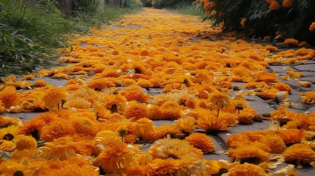 Uma estrada cheia de flores de calêndula com a palavra calêndula nela.