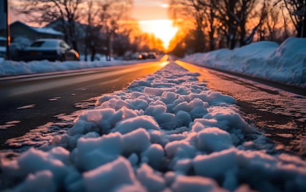 Uma estrada coberta de neve com um pôr do sol ao fundo