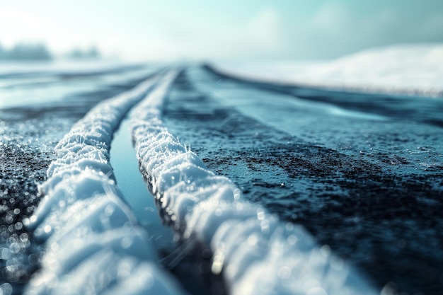 Uma estrada coberta de neve com uma linha branca no meio