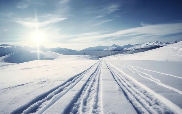 Uma estrada coberta de neve com uma montanha ao fundo