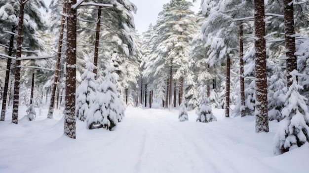 Uma estrada coberta de neve na floresta.