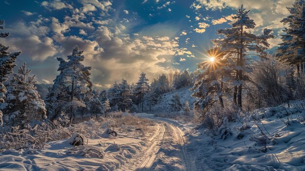 uma estrada coberta de neve no inverno