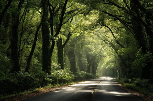 Uma estrada com árvores em ambos os lados