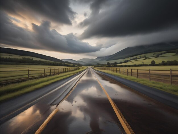 Uma estrada com céu nublado e uma montanha ao fundo