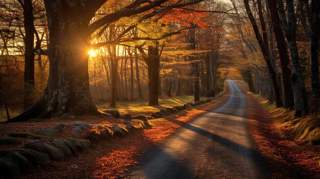 uma estrada com folhas de outono e uma estrada com o sol a pôr-se atrás dela