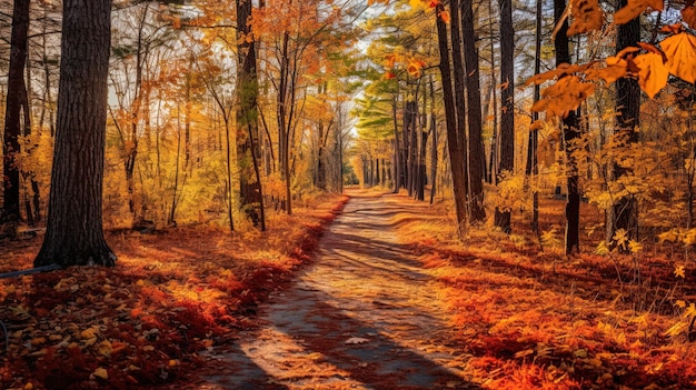 uma estrada com folhas de outono na floresta