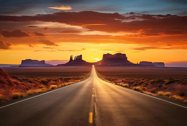 uma estrada com horizonte de pôr do sol que leva ao deserto no estilo do icônico americano