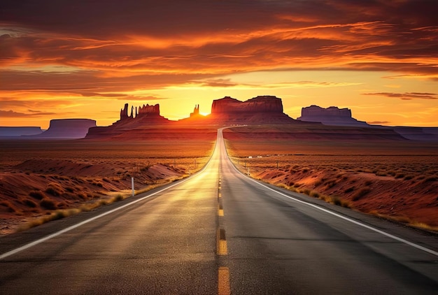 uma estrada com horizonte de pôr do sol que leva ao deserto no estilo do icônico americano