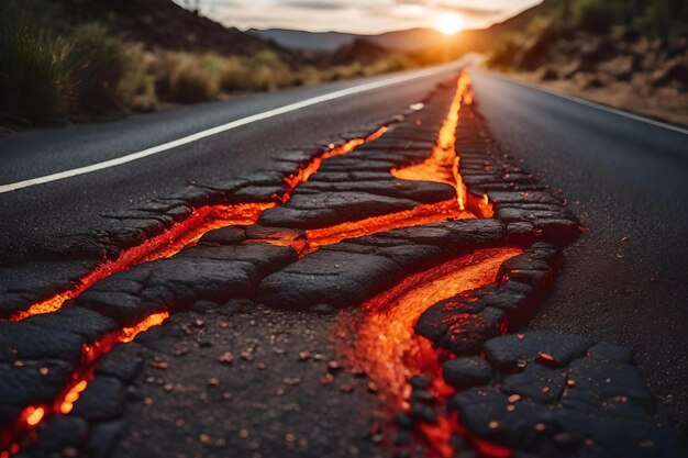 Foto uma estrada com lava fluindo para dentro dela