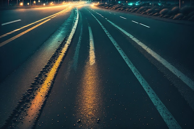 Uma estrada com neve na estrada e uma luz no chão