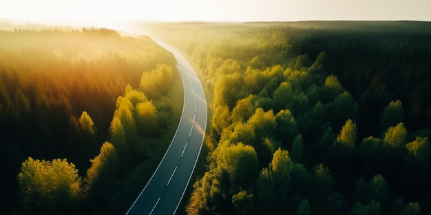 Uma estrada com um pôr do sol ao fundo