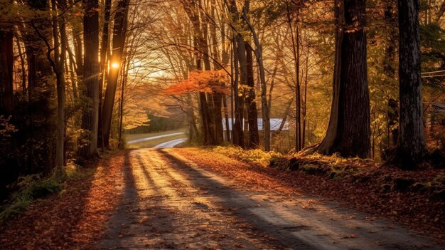 uma estrada com um sol a brilhar e uma árvore com o sol a brillar