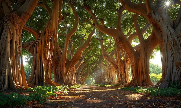 uma estrada com uma árvore com o sol a brilhar através dela