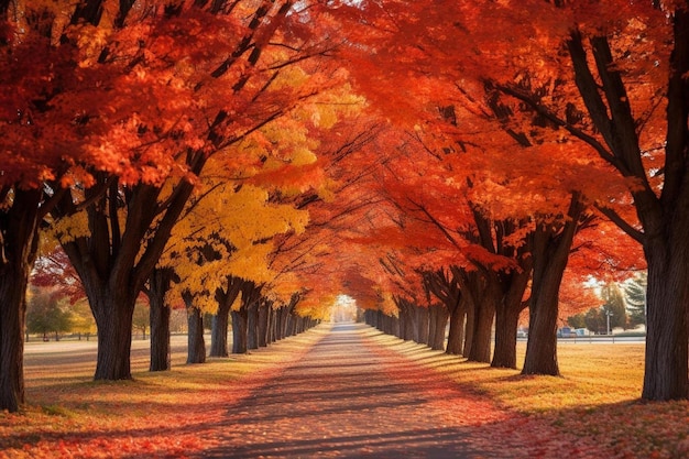 uma estrada com uma estrada arborizada no outono.