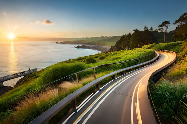 Uma estrada com vista para o mar e o pôr do sol