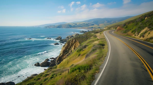 uma estrada com vista para o oceano e uma praia