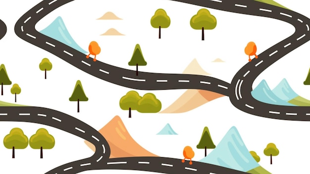 uma estrada de desenho animado com árvores e montanhas ao fundo