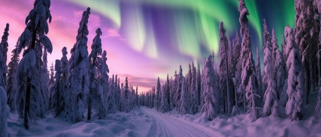 uma estrada de neve com árvores e um céu colorido