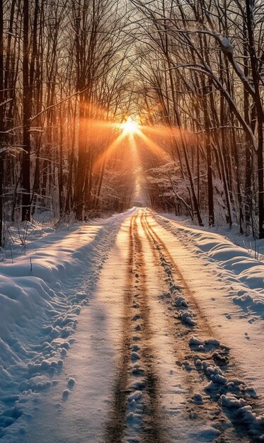 Foto uma estrada de neve com o sol brilhando na neve