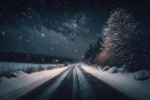Uma estrada de neve com uma estrada de neve e uma floresta de neve ao fundo