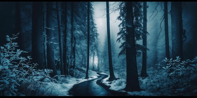 Uma estrada de neve na floresta com um céu azul e neve no chão.