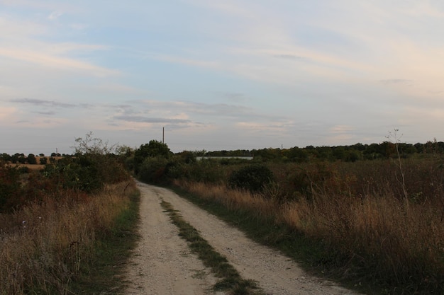 Uma estrada de terra através de um campo