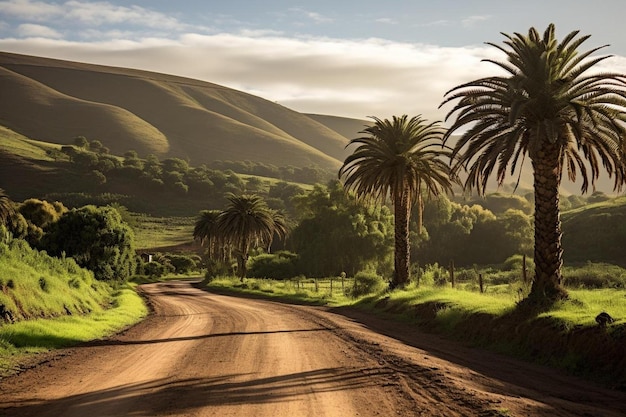 Foto uma estrada de terra com palmeiras e uma estrada de terra