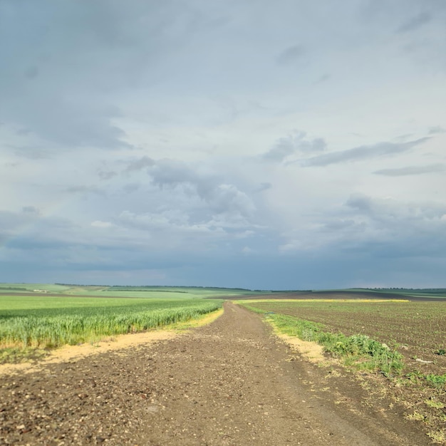 Uma estrada de terra com um céu nublado ao fundo