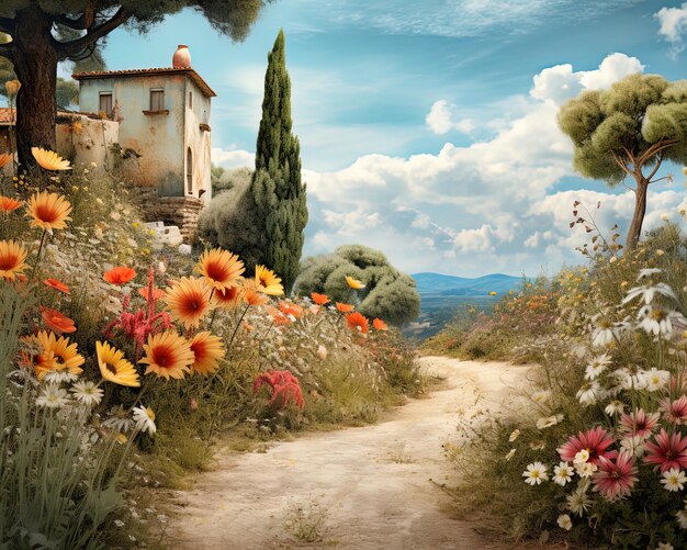 uma estrada de terra com uma casa e flores nela