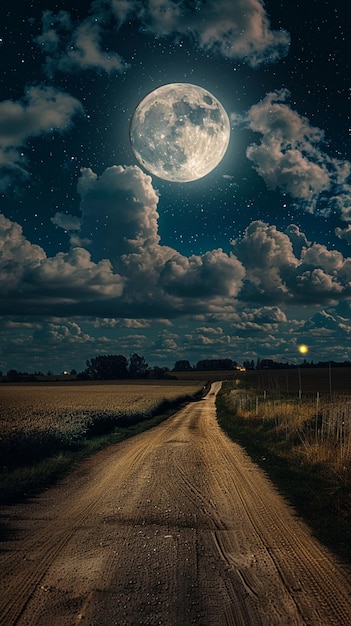 uma estrada de terra com uma lua cheia no céu generativo ai