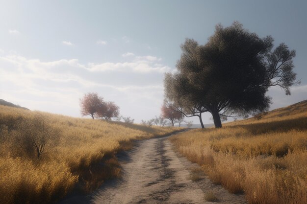 Uma estrada de terra em um campo com árvores ao fundo