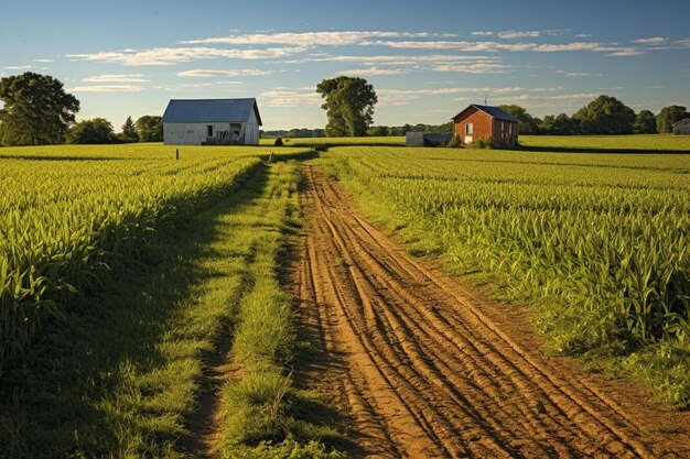 Foto uma estrada de terra em um campo com um celeiro no fundo